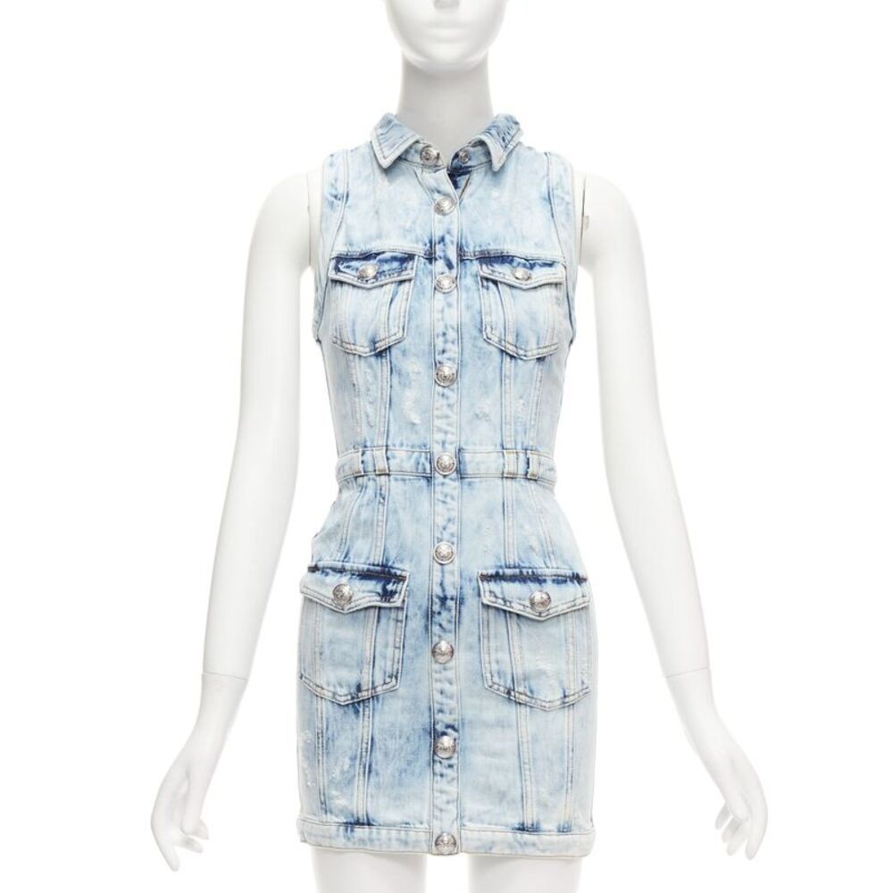 Balmain Distressed Denim Fitted Dress